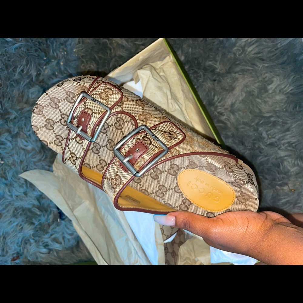 Beige and brown Gucci slides